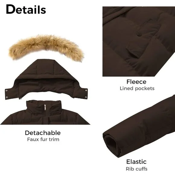 Women's Coffee Winter Thicken Puffer Coat Warm Jacket With Removable Hood